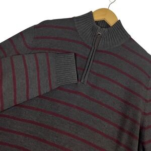 Prince & Fox Mens XL Quarter Zip Sweater Gray Burgundy Striped Cotton Blend Knit